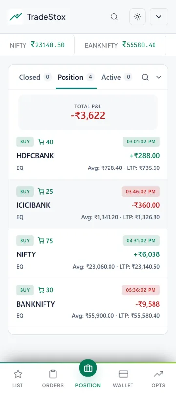 Positions with live P&L